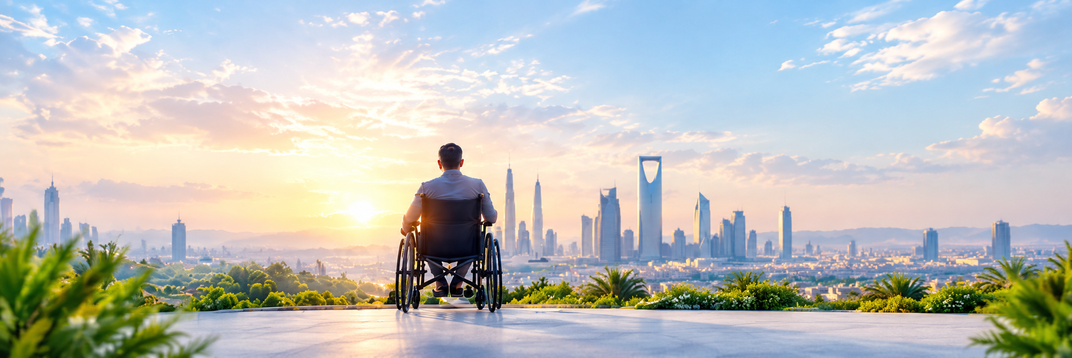 شخص يستخدم كرسيًا متحركًا ويتأمل أفق مدينة الرياض عند الغروب، في صورة تعبر عن الاستقلالية والحركة